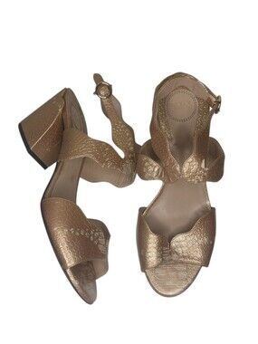 Chloe Metallic Rose Gold Block Heel Scalloped Sandals Size 6.5